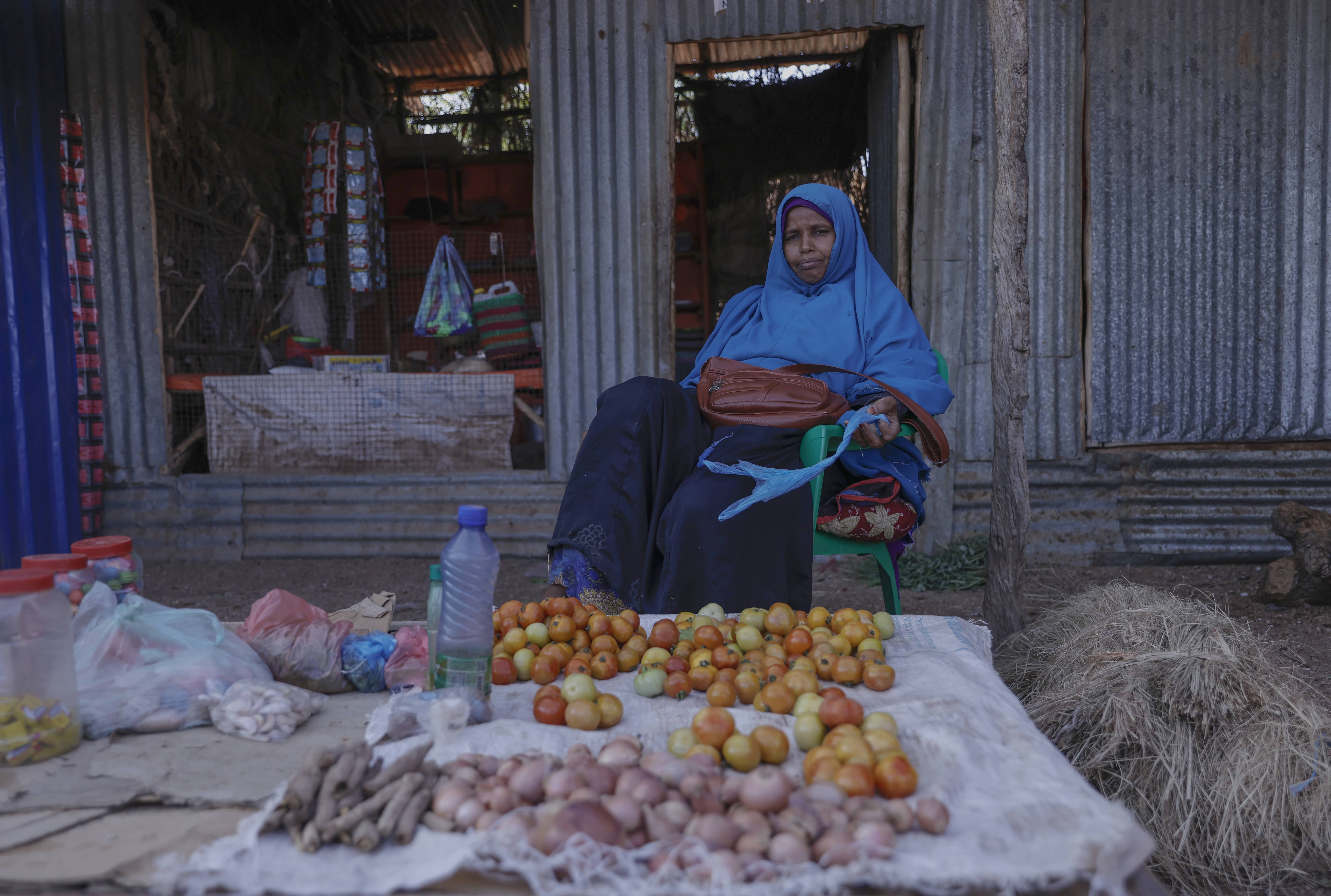 Dahira Mohamed, Somalian refugee and mother-of-fifteen waits for customers at the Melkadida host community market in Ethiopia