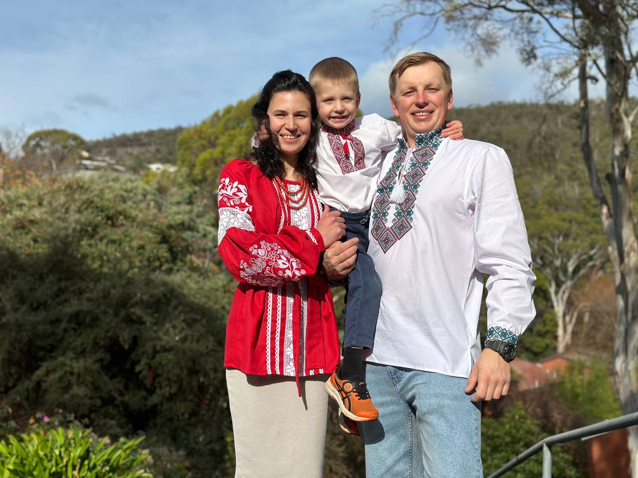 The Mykhalchuk family (Anna, Oleh, Son Nazarii), Hobart, Sandy Bay 2023