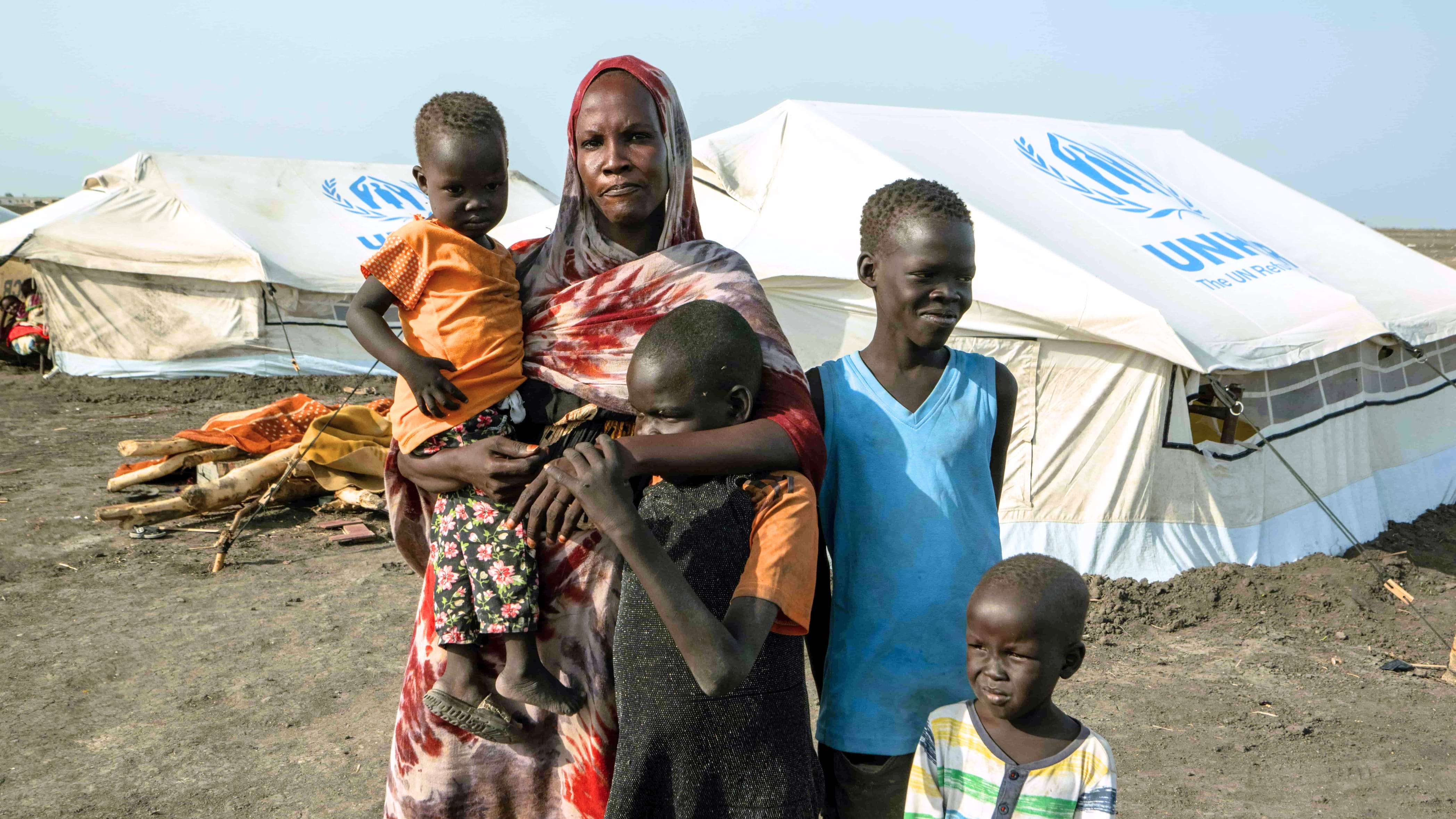 South Sudanese refugee Nyapuot Riak Dup with her four children.